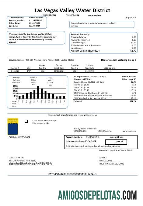 Em branco modelo de conta de serviços públicos do Distrito Aquático do Vale de Las Vegas (LVVWD) nos EUA em formatos Word e PDF